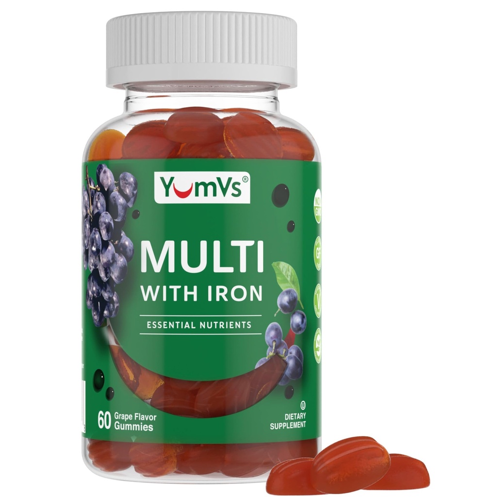 YUM-V 's železné gumy - Multivitamin Železný dodatek s vitamínem C, A, B & zinek, podporuje krevní kyslík, Veganské doplňky pro ženy, muži a děti pro růst a vývoj - Grape Flavor 124; 60 Počet