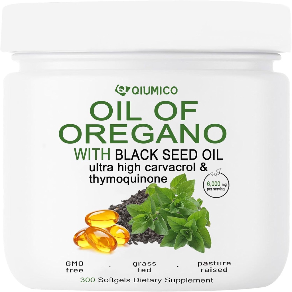Olej oregano s černým semenným olejem, Oregano olejové kapsle organické, 2 z 1 6000mg Oregano s černým semenným olejem 200mg, 300 Počet