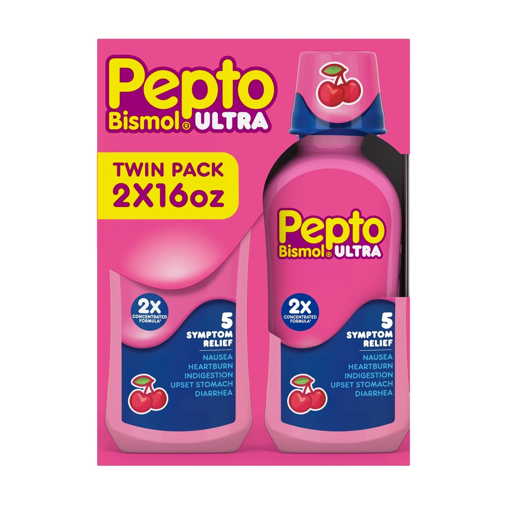 Pepto Bismol Liquid Ultra pro nauzeu, Heartburn, Nežití, Upset Stomach, a Průjem - 5 Symptom Rychlá úleva, Cherry Flavor 12 oz (balení po 3)