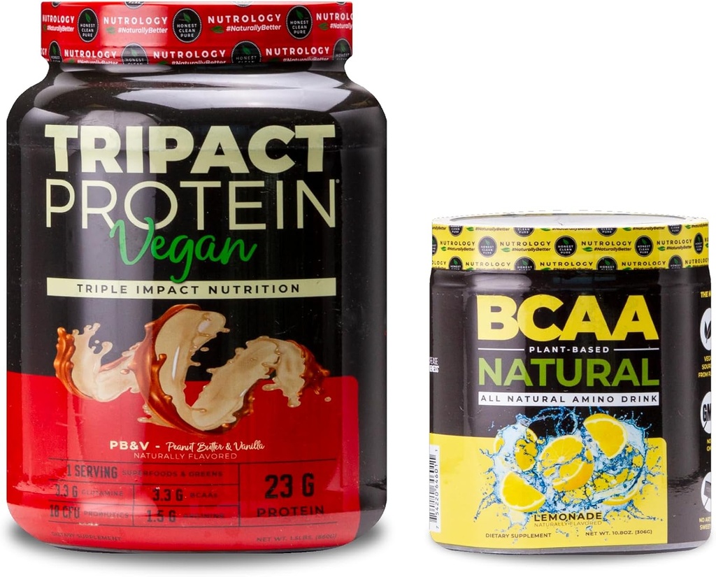 Nutrology TRIPACT Vegan Protein Powder, for Vegan Protein Shake, Peanut Butter Vanilla (20 Servings) BCAA Natural, Plant Based BCAA Powder, Lemonade Flavor (30 Servings)