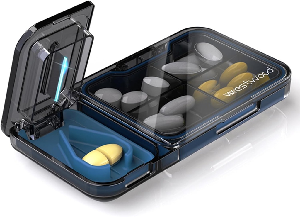 Travel Pill Organizátor s Pill Cutter Splitter, 4 Compartments Pill Pouzdro, Malý Pill Box pro kapesní kabelku, Denní Pill Kontejner na držení vitamins Cod Játra olejové doplňky, Planner Medicine (Black)