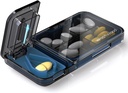Travel Pill Organizátor s Pill Cutter Splitter, 4 Compartments Pill Pouzdro, Malý Pill Box pro kapesní kabelku, Denní Pill Kontejner na držení vitamins Cod Játra olejové doplňky, Planner Medicine (Black)