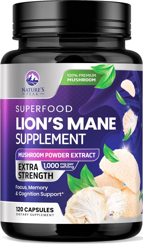 Lví hříva Houba Kapsle 10,000mg - Lví hříva doplněk Kapsle pro paměť a Focus Support, Mozek, Imunitní podpora zdraví, Vegan, Lahve v USA, Lví hříva Houba Powder Extract, 120 Počet