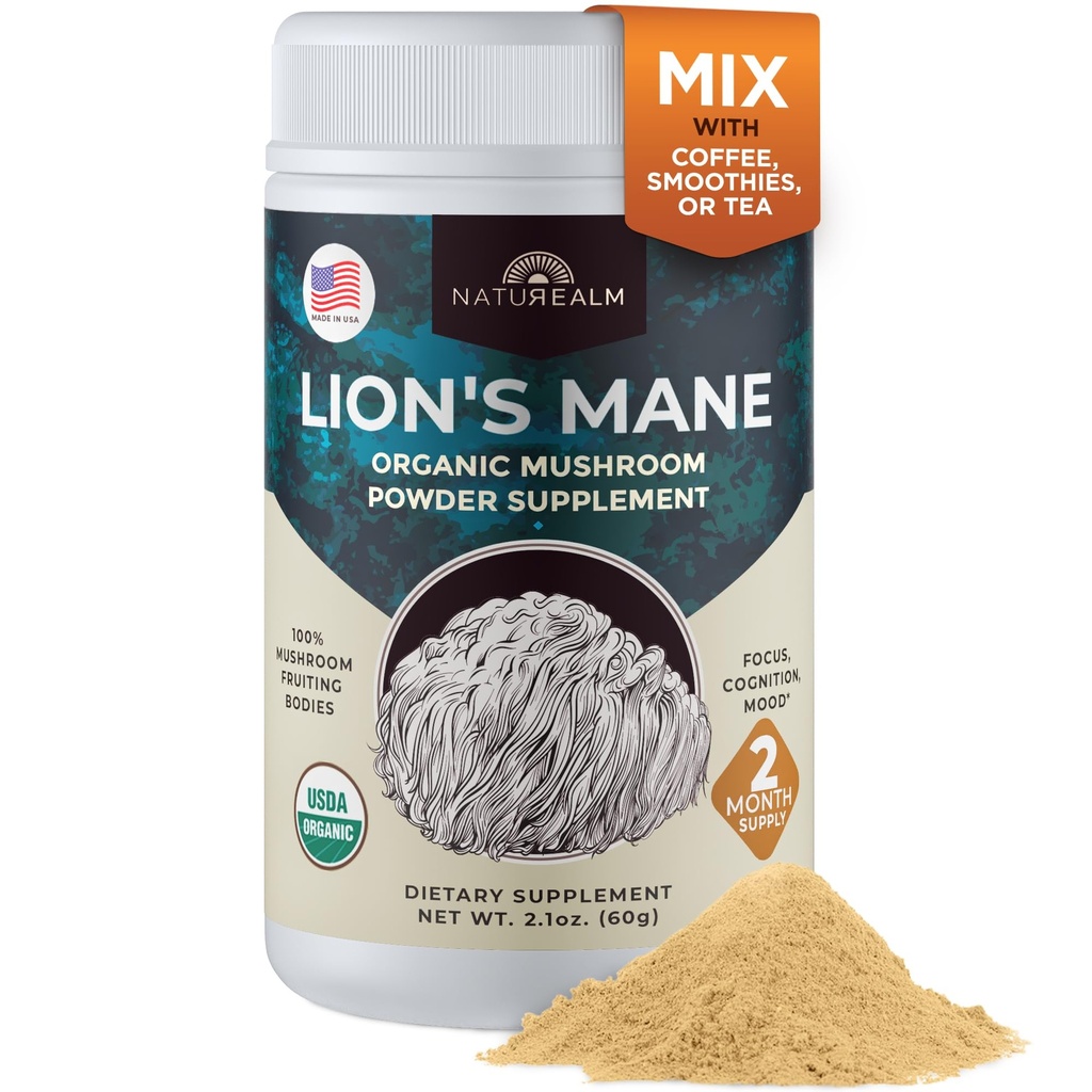 Naturealm Lion 's Mane Houba Powder - Organic Brain Support for Focus Memorial Clarity - Non GMO Cognitive Function - 60 Servings