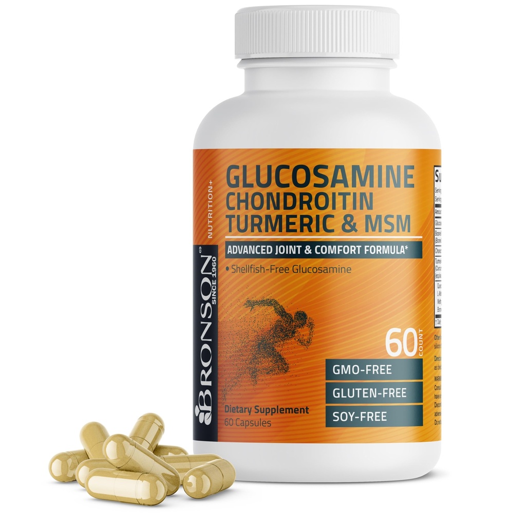 Bronson Glucosamine Chondroitin Turmeric & MSM Advanced Joint & Cartilage Formule, Podporuje zdravé klouby, Mobility & Cartilage - Non- GMO, 60 Kapsle
