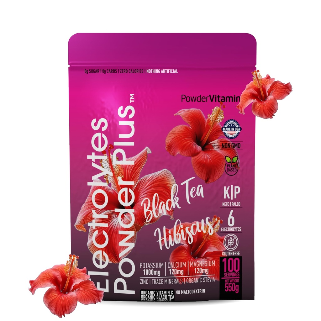 PowderVitamin Electrolytes Powder Plus (100 Servings) Black Tea Hibiscus Electrolyte Powder Keto, bez cukru, růžová himalájská sůl, 1000mg draslík, 120mg vápníku, 120mg hořčíku, hydratační prášek