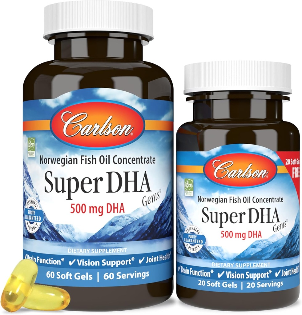 Carlson - Super DHA drahokamy, 500 mg DHA doplňky, 640 mg mastné kyseliny, Wild- Catched Norský Arctic Fish Oil koncentrát, Udržitelně sourced Nordic Fish Oil Capsules, 60 + 20 Softgels