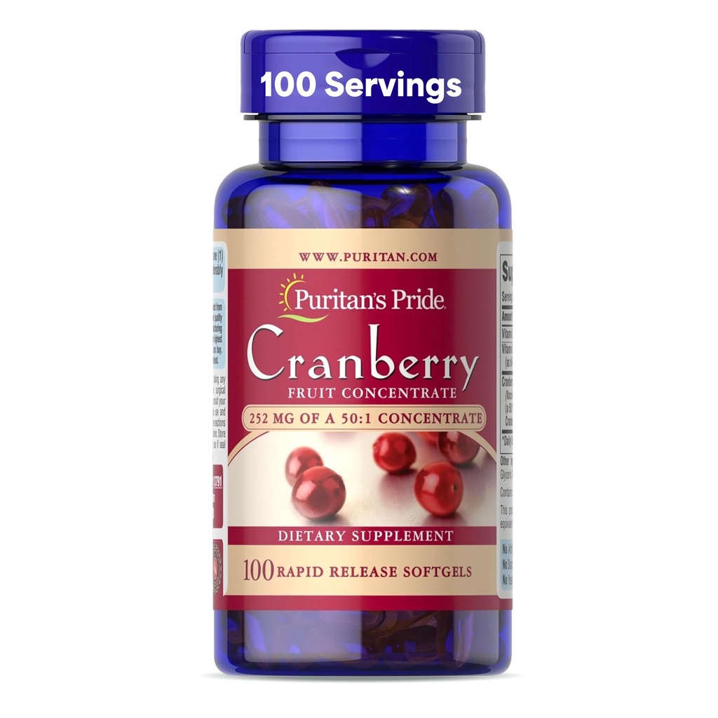Puritan 's Pride Premium Cranberry Ovocný koncentrát 252mg (12,600mg Ekvivalentní) s vitamíny C a E, Dietní dodatek pro podporu imunitního systému, 100 Rychlé uvolnění Softgels