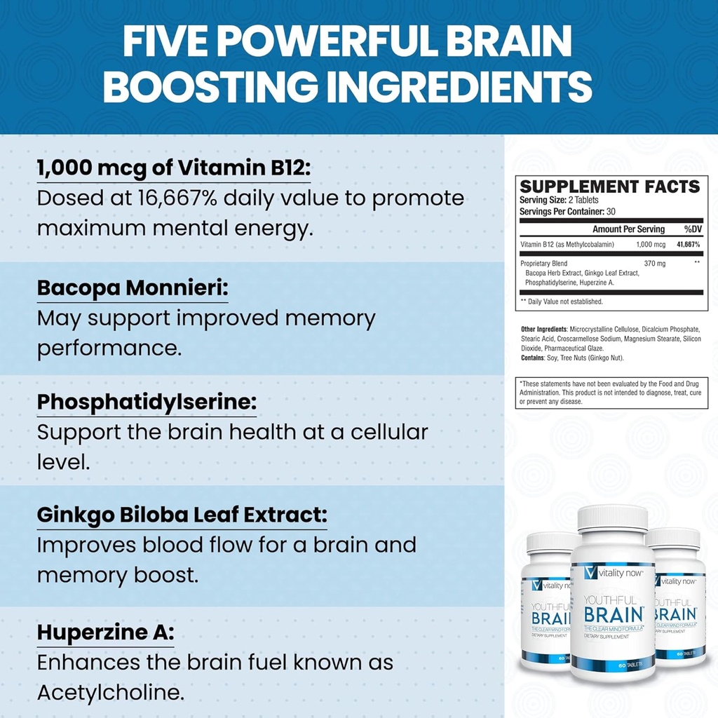 Mladistvý mozek 124; Paměť & Brain Health Support Supplement with Bacopa Monnieri, Ginkgo Biloba, B12 - Snadné polykat tablety - 30denní zásoba (60 Počet)