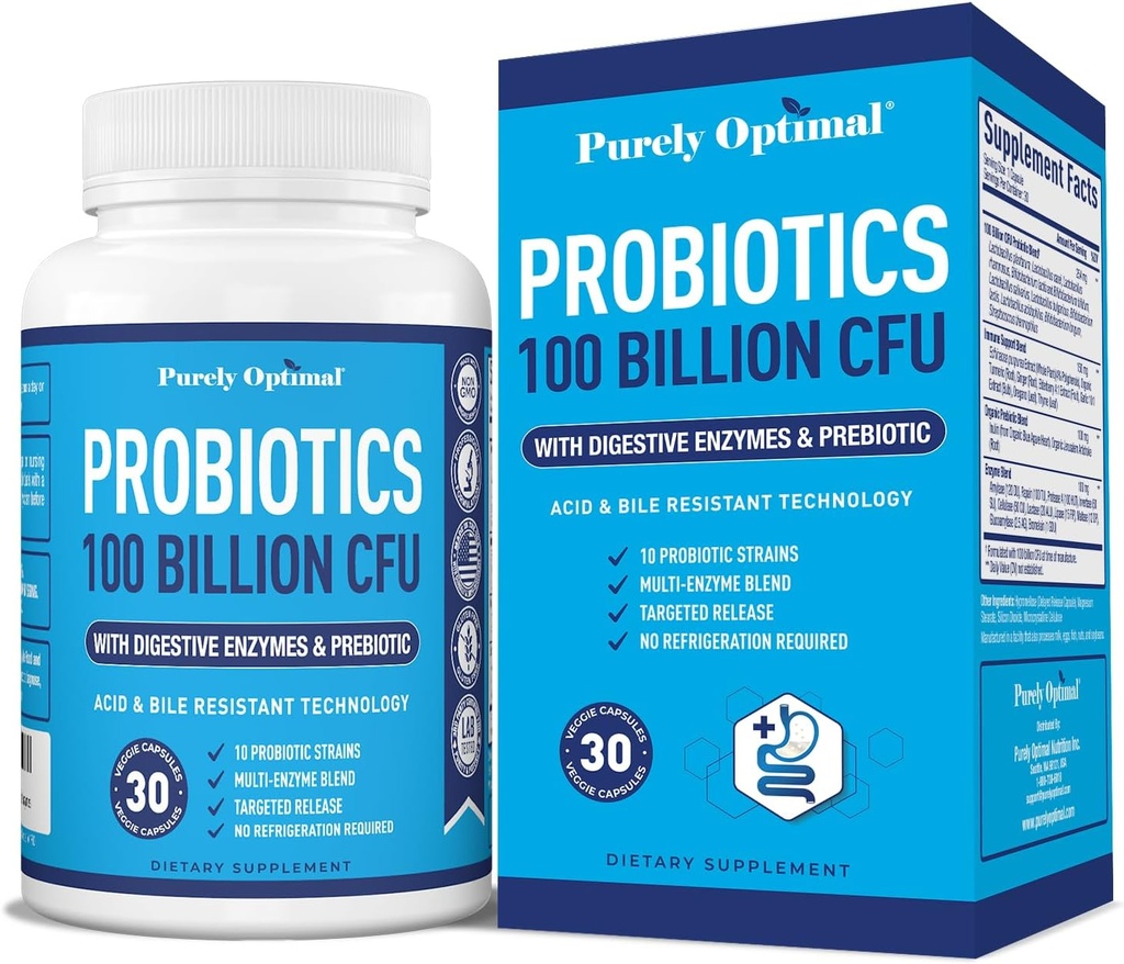 Čistě Optimální Premium Probiotika (různé typy) w / Organic Prebiotics & Digestive Enzymy (30 Počet (balení po 1), 100 Milionů CFU)