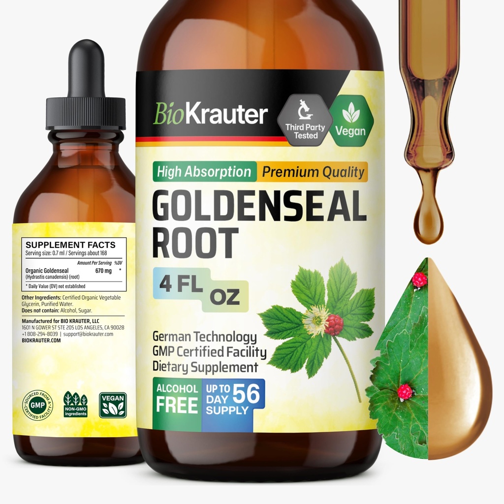 BIO KRAUTER Goldenseal Tincture - Vegan Lung Cleanse & Detox - Golden Seal Herb Dodatek - Alkohol & cukr zdarma Kapky - 4 Fl.Oz.