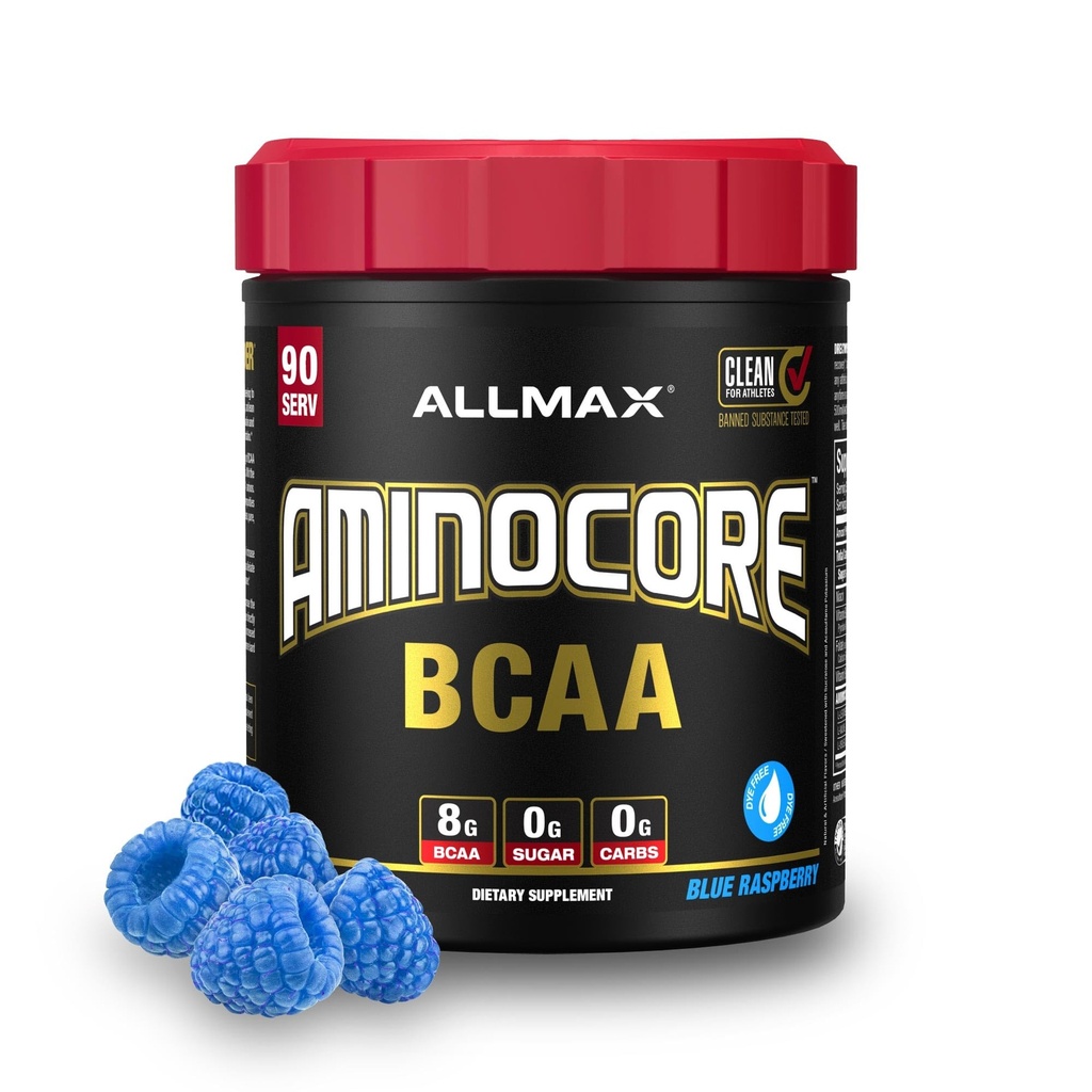 ALLMAX AMINOCORE BCAA Prášek pro cvičení svalové obnovy a zvýšené vytrvalosti - bez cukru, žádné Fillers 8.18 Grams Bcaas Amino Acids, B Vitamíny pro ženy a muže - 90 Služebnictvo 124; Blue Raspberry, 1035g