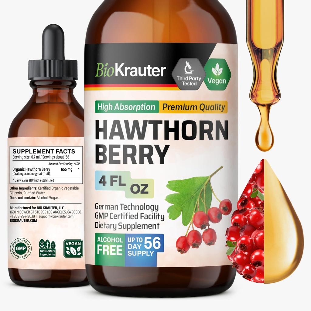 BIO KRAUTER Hawthorn Berry Extract Tincture - Natural Hawthorne Berry Supplement - 100% čistý vzorec - Vegan Sugar & Alkohol Free - 4 Fl. Oz. - 56 Den dodávky