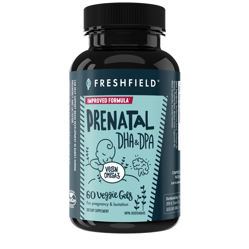Freshfield Prenatal Vegan Omega 3 DHA: Udržitelný, Karagenan Free, Třetí strana Testováno, Kompozitní láhev, Carbon Neutrální. Podporuje srdce, mozek, společné zdraví w / DPA