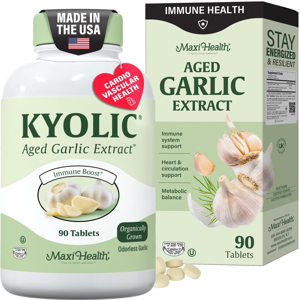 Maxi Health Kyolic Organic Česnek Dodatek - Kosher Česnek Tablety s Kyolic Zelený Česnek Extrakt pro imunitní podporu - Vegetariánské česnek pilulky (90 Počet)