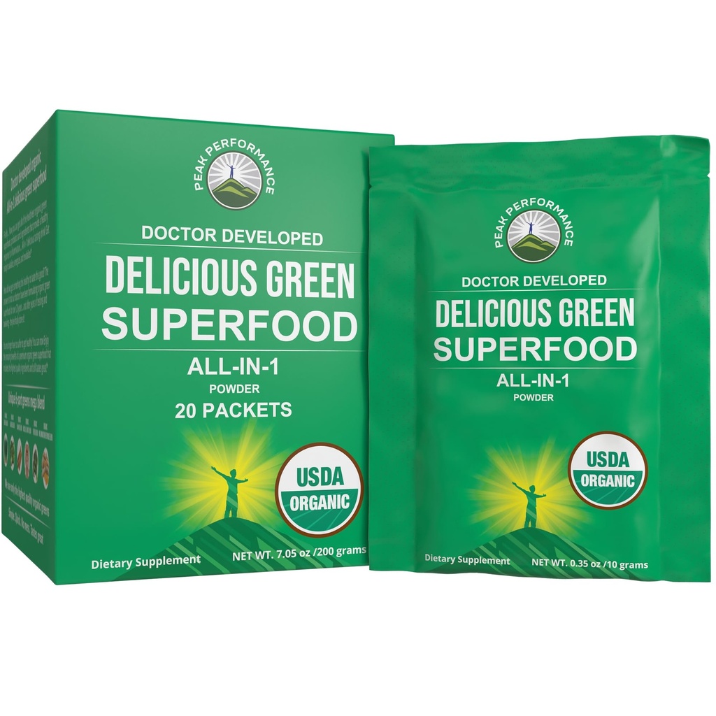 Peak Performance Organic Greens Superfood Powder Single Serve Travel Packets. Nejlepší Ochutnávání Organic Green Juice Super Food s 25 + všechny přírodní složky pro Max Energy. (20 Pack)