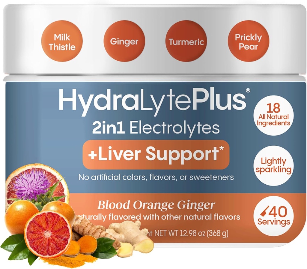 Hydralytová jaterní podpora + Electrolyte Mix s Mlékem Thistle, Kurkuma, Zázvor, Pružná hruška, Zelený čaj extrakt připravený pro rychlou rehydrataci, (Krvavá zázvor, 40 Serve Tub)