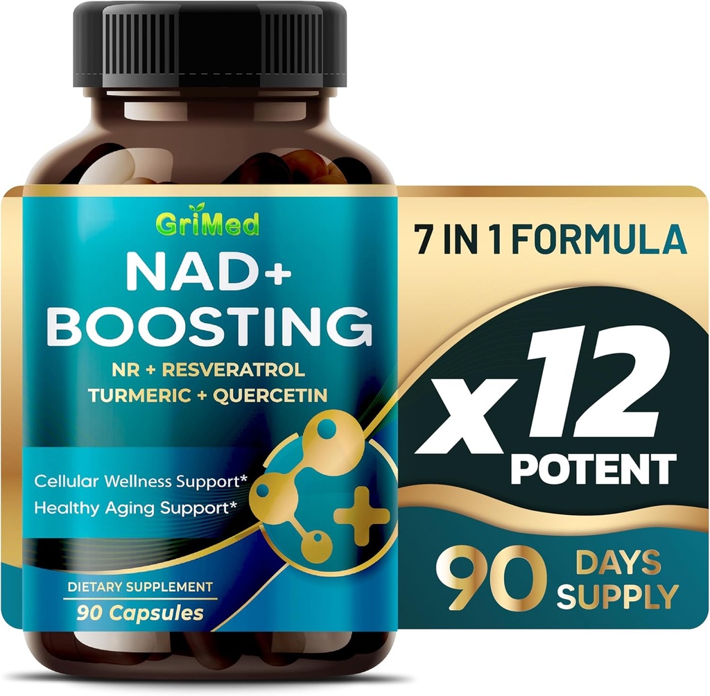 GriMed NAD + Boosting 16,550mg- x12 Power with NR + Resveratrol Turmeric + Quercetin - Cellular Energy, Cellular Opravy, Zdravé stárnutí - USA Made & Tested (90 Počet (balení po 1))