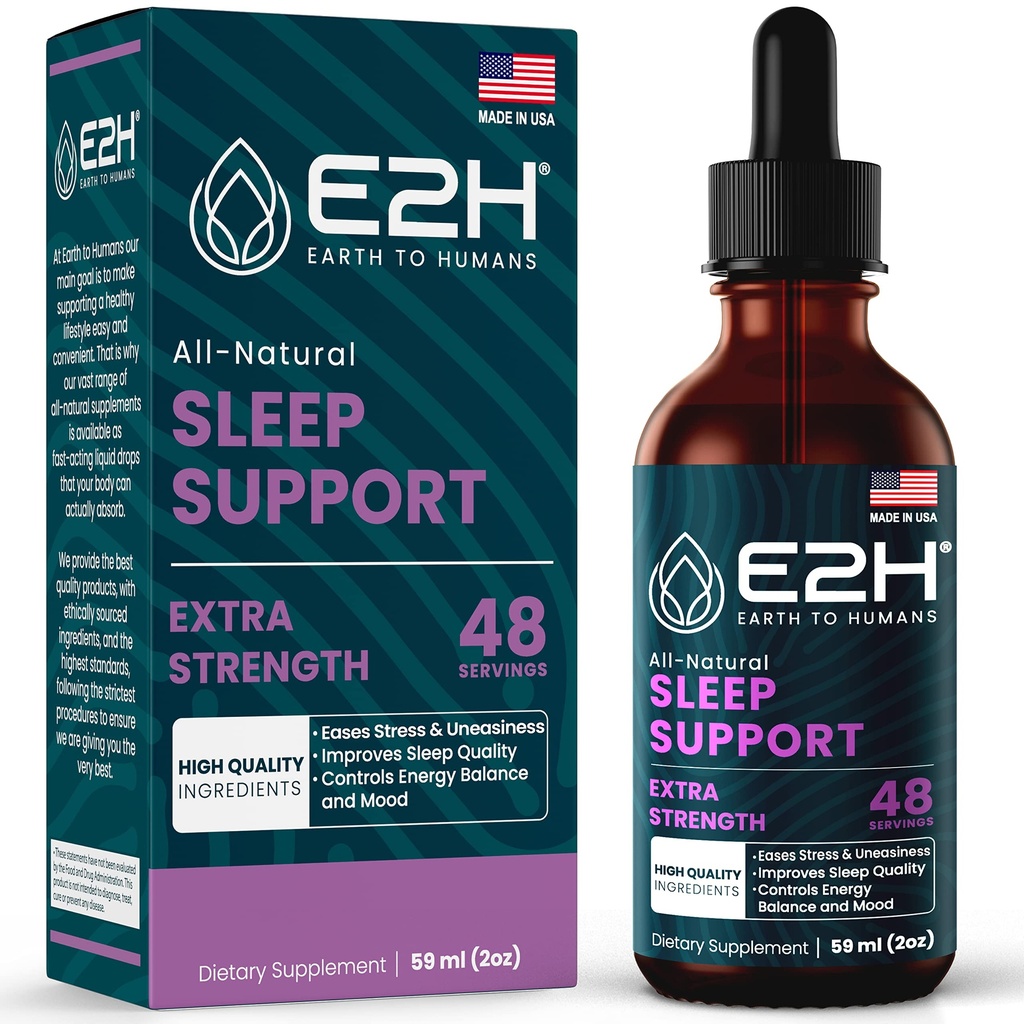 E2H Natural Sleep Support - Liquid Melatonin s heřmánkem, theanin - Sleep Better, Deeper, Longer - Vegan, GMO-Free - Poskytuje Stress Relief - 2 Fl Oz