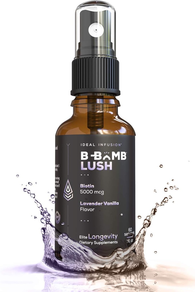 Ideální infúze B- Bomb Lush Biotin tekutý sprej: Organic Lavender Vanilla - 5000mcg, růst vlasů Vitamin pro tloušťku a objem - Zdraví kůže, Silnější nehty, Keto, Vegan