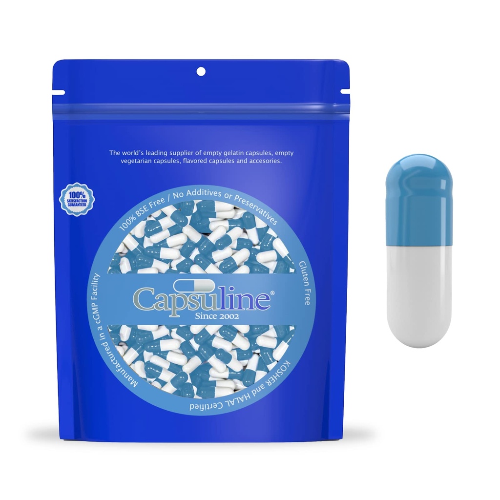 Capsuline Barevná velikost 0 Prázdná želatina Kapsle modrá / bílá 1000 Počet 124; Kosher & Halal Certified Capsule 124; Gluten zdarma
