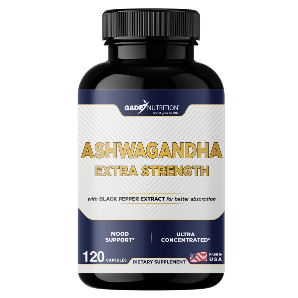 Gade Nutrition Ashwagandha doplňky - Extra síla, ashwagandha Práškové kapsle s Black Pepper, přírodní mood, Focus, a Energy Supplement, 120 Veggie Kapsle, USA Made