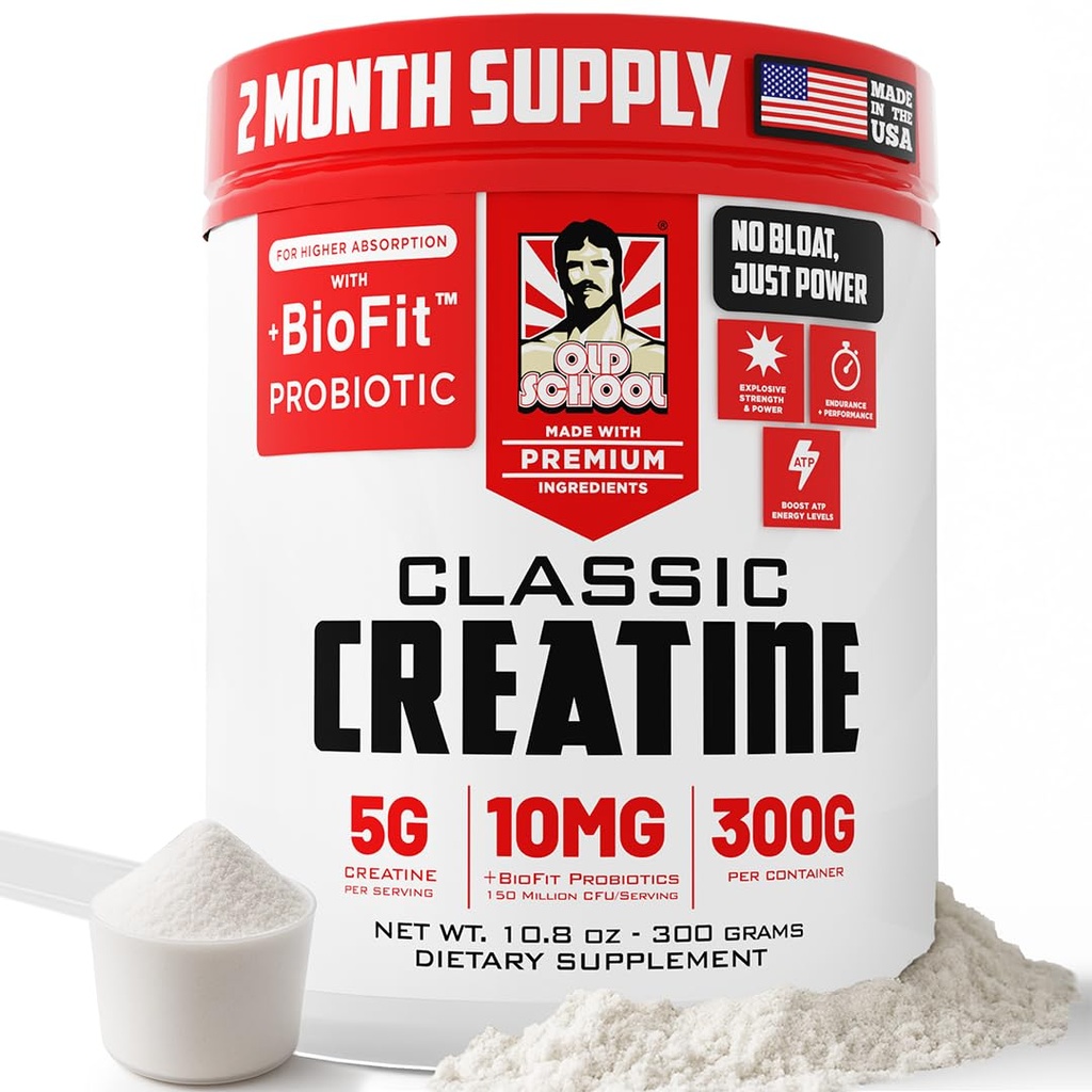 Old School Labs Micronized Creatine Monohydrát s No Bloat BioFit ™ Probiotic - Muži & Ženy Post- Recovery prášek pro sílu a výkon - 60 Služebnictvo bez příchutí