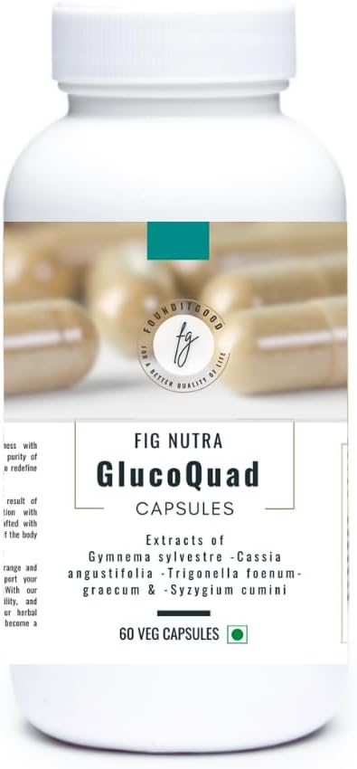 FiG Nutra 'GlucoQuad' Kapsle 124; Bylinné Metabolické Supplement Supplementary PHAR124; Gymnema, Fenugreek, Cassia, Syzygium Blend PHAR124; 60 Veg Kapsle