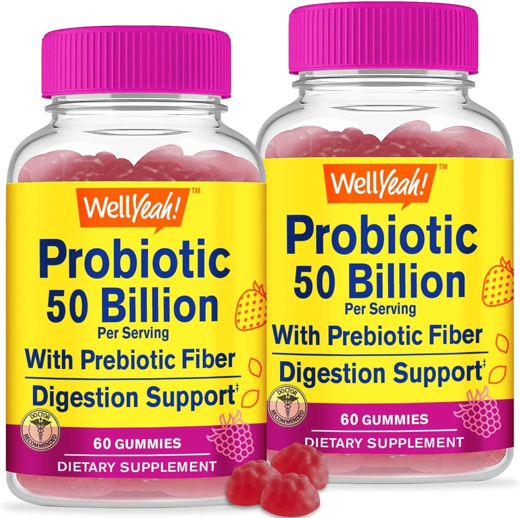 WellYeah (2 balení 50 miliard probiotik + prebiotika pro muže a ženy - stravovací podpora, Gut zdraví, imunitní podpora Gummy - Probiotika pro stravovací zdraví s 12 zářezy - 60 Gummies