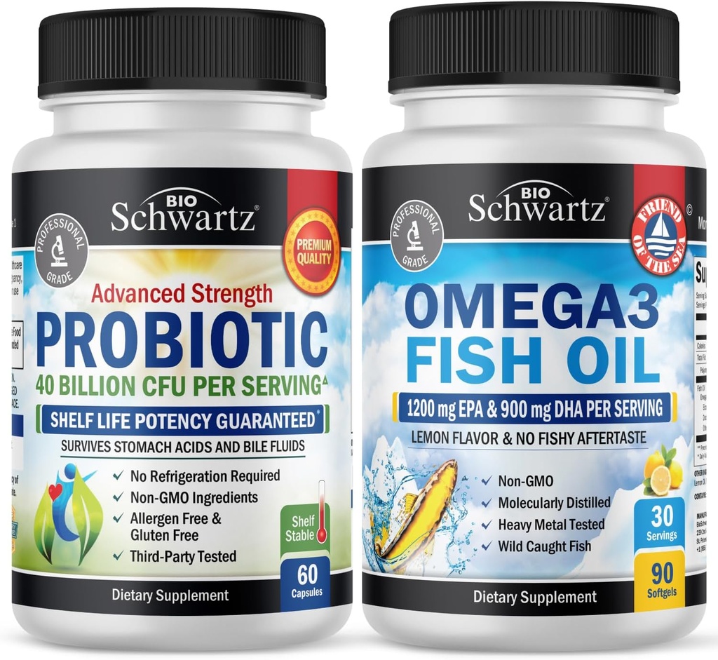 Trojitá síla Omega 3 Fish Oil Softgels (1 měsíční dodávka) Plus 40 miliard CFU denní doplněk probiotika (1 měsíční dodávka)