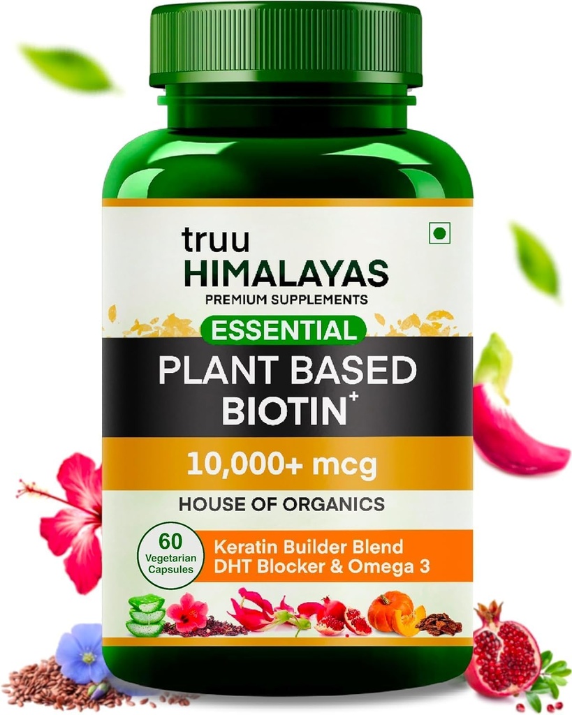 Biotin 10000mcg na bázi rostlin pro růst vlasů s DHT blokádou, Keratin & Omega 3 Doplněk Vitals pro muže a ženy - Ayurvedic Nutrients for Hair Fall, Skin & Nails Health - 60 Kapsle