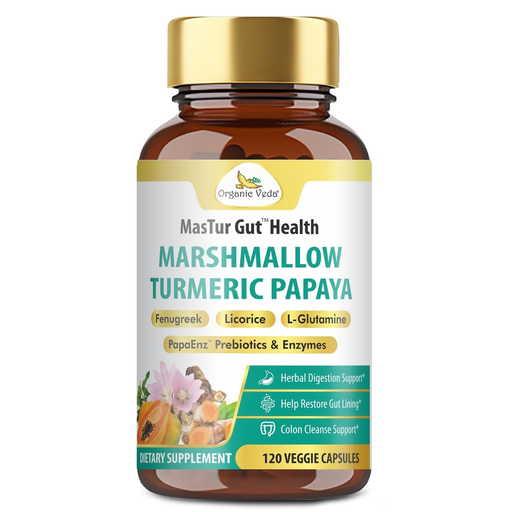 Organic Veda Marshmallow Turmeric Gut Supplement - Digestion Health, Leaky Gut Repair & Cleanse Support - Papaya Digestive Enzymes, Prebiotics, L-glutamin, Green Banana, Psyllium Husk - 120 Capsule