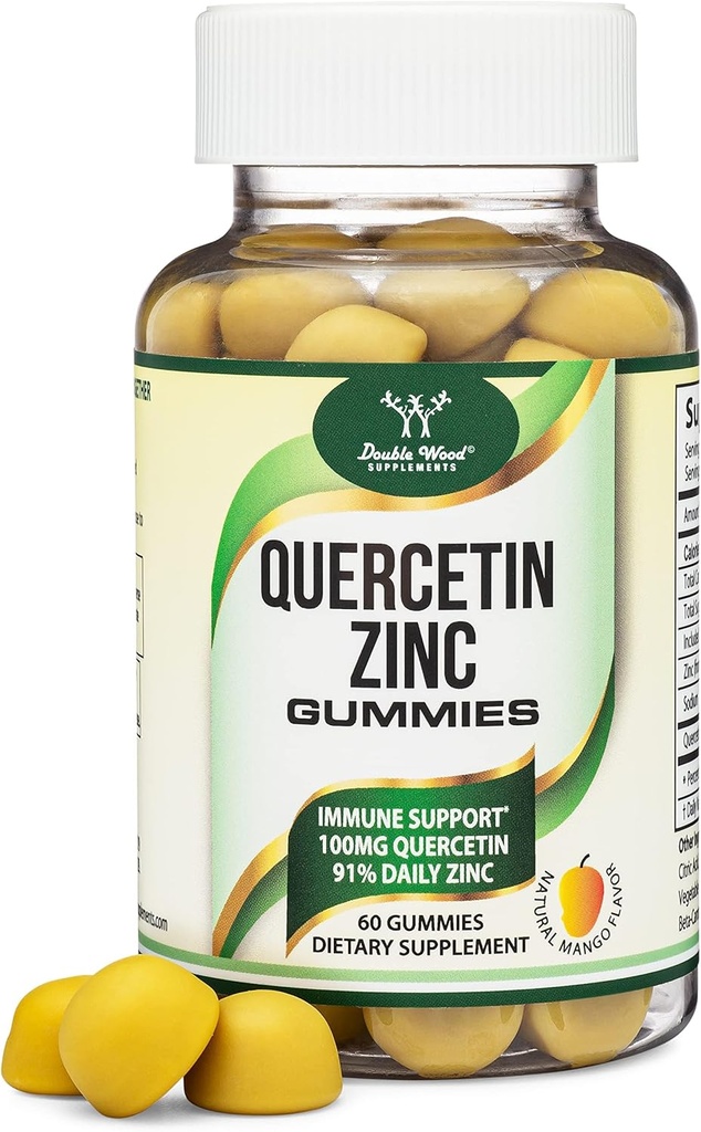 Quercetin Gummies s zinem (100mg Quercetinu a 91% denně zinku na servírování) 60 Mango ochucené žvýkací imunitní podpůrné gumy pro dospělé a děti (non-GMO a gluten zdarma) od Double Wood