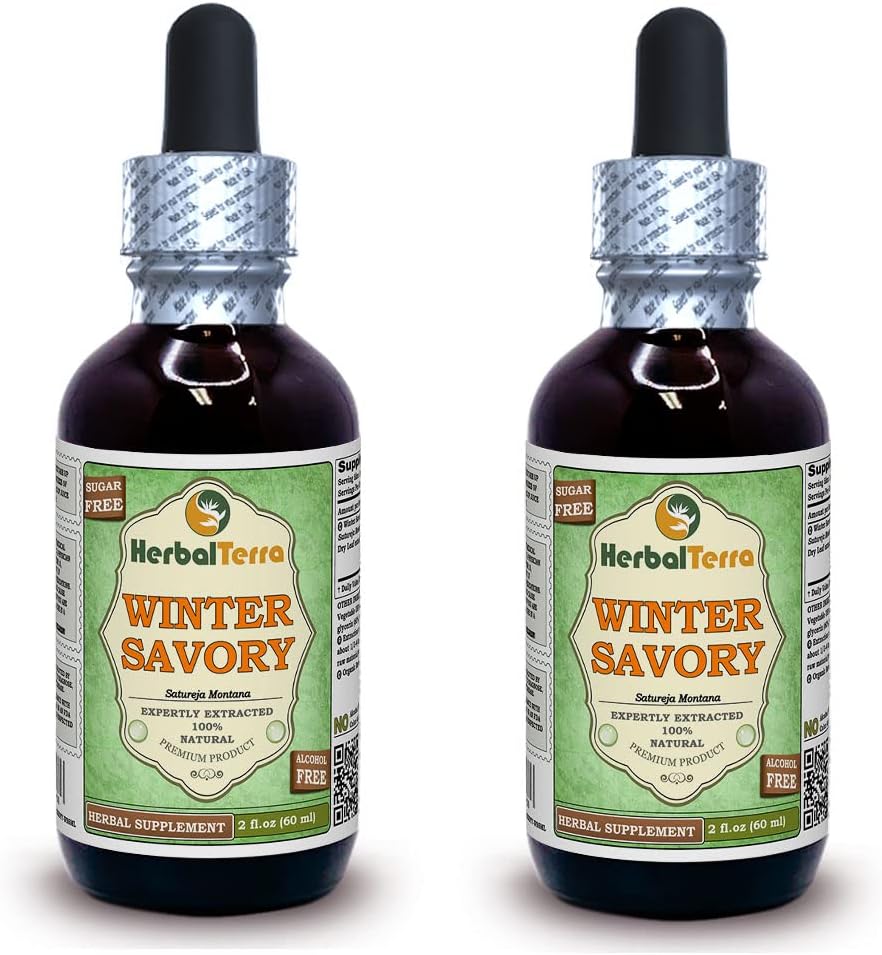 Zimní slanina (Satureja Montana) Glycerit, Organic Sured Leaves Alcohol- FREE Liquid Extract (Značka: HerbalTerra, Proudly made in USA) 2x2 fl.oz (2x60 ml)