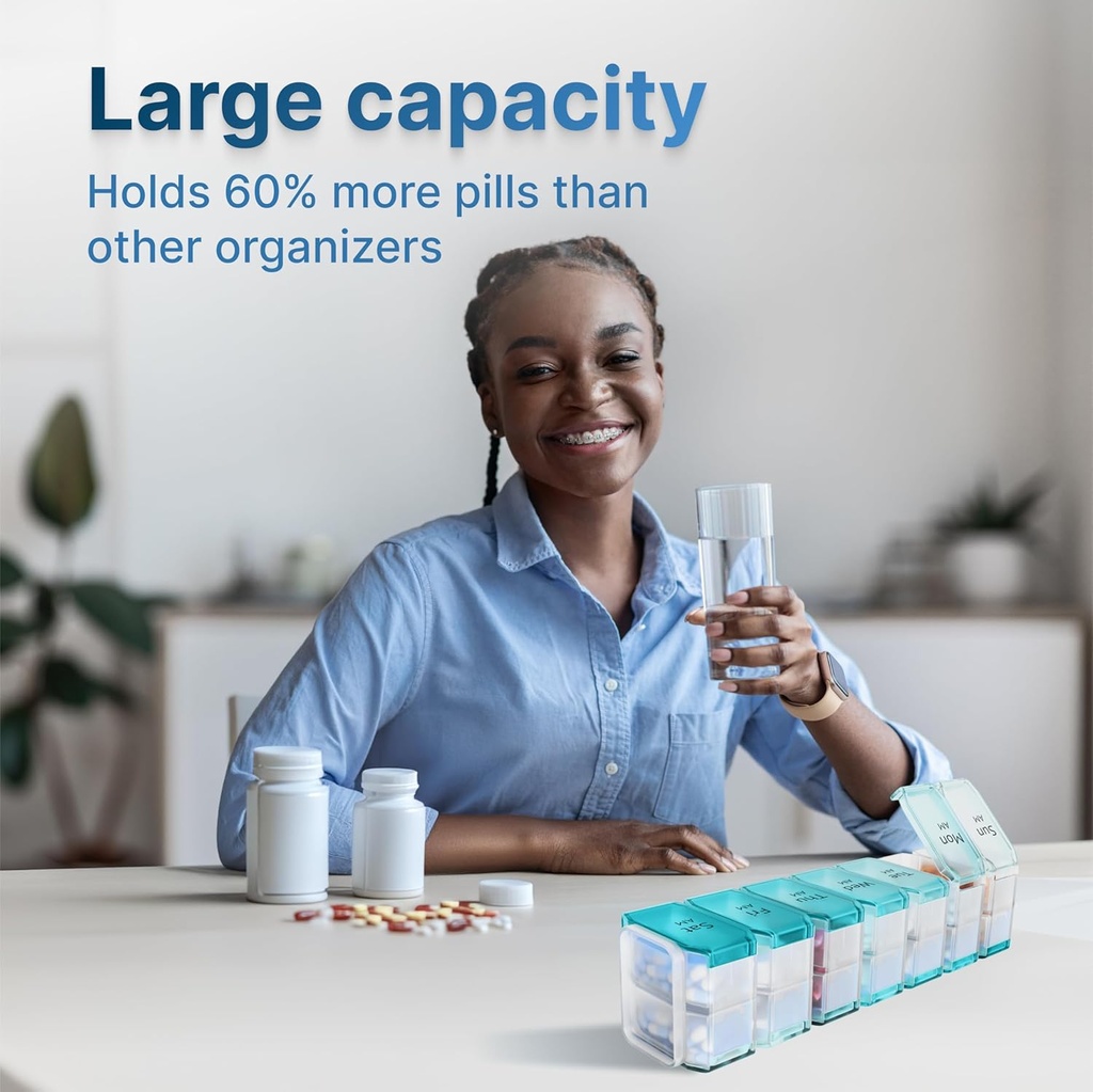 Extra velké pilulky organizátor 2 krát denně - XL Pill Box 7 Day s Big AM / PM Compartments - Vhodné velké vitamíny, doplňky a žlaby, pro 7 nebo 14- denní použití, barevný-Coded, Senior- Friendly, Žádné rozlití