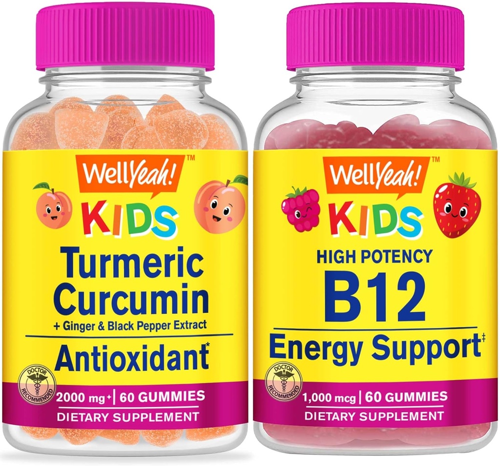 WellYeah Kurkumin děti + Vitamin B12 Děti, Gummies Bundle - Great Ochutnávání, Vitamin dodatek, gluten zdarma, GMO zdarma, Žvýkací žlab