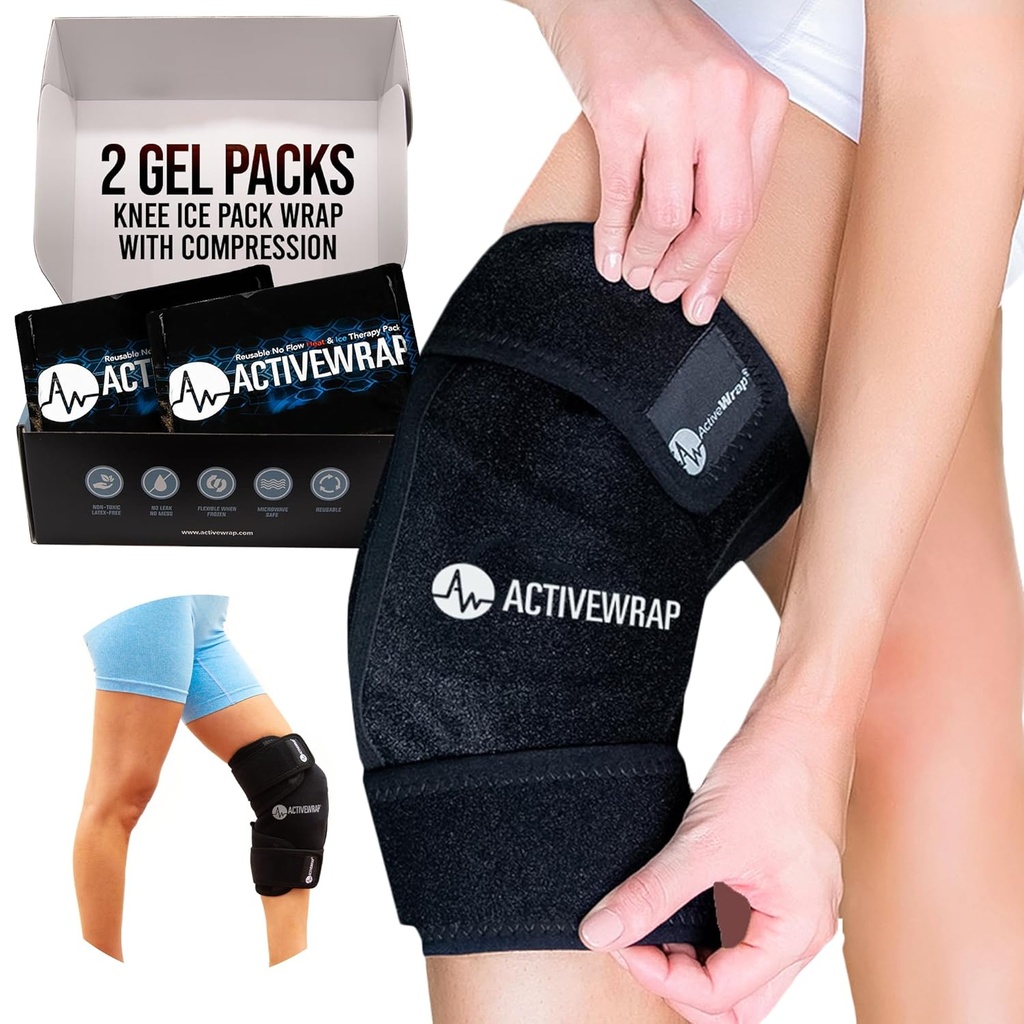 ActiveWrap - Knee Ice Pack Wrap with Compression, 2 Reuse Gel Heat & Cold Packs for Knee Pain, Sore Legs & Shin Spints. Flexibilní studený obal pro kontrolu zranění a otoků a společnou podporu - jedna velikost sedí nejvíce