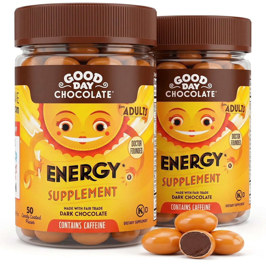Dobrý den Čokoláda Energetické doplňky pro dospělé [2 Pack] Veletrh Kofein Čokoláda s B-Vitamíny, Zelený čaj Extrakty a 20 mg kofeinu per kus - Energy Booster pro ženy a muže
