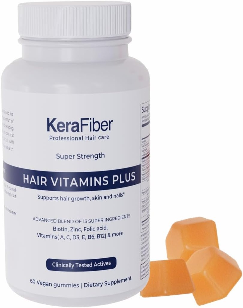 KeraFiber Profesionální vlasové vitamíny Plus gumy - Biotin vlasy růstové doplňky - Vegan vlasové vitamíny se zinem, vitaminy A, C, D, E, B6, B12 - Podporuje růst vlasů, kůže a nehty - 60 Počet