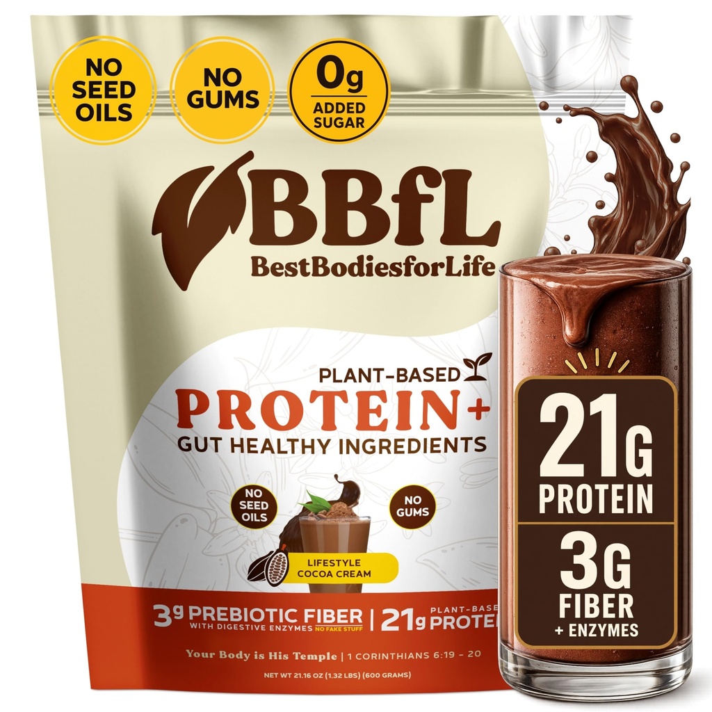 BBfL Plant- Based Protein Shake - 21g Vegan Protein, kakao + jablečný ocet, prebiotika, trávicí enzymy, podporuje Gut zdraví - All- in- One Shake pro ženy a muže (15 Servings, kakao krém)
