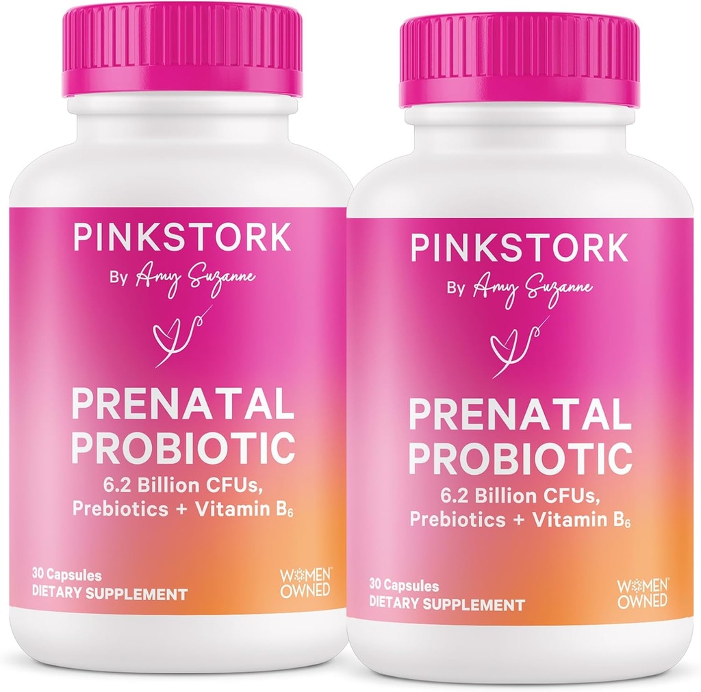 Pink Stork Prenatal Probiotika pro ženy s vitamínem B6 a Prebiotika - Ranní nemoc, Gut mikrobiom, a imunitní podpora - Těhotenství Probiotika - Těhotenství musí mít, 60 Kapsle