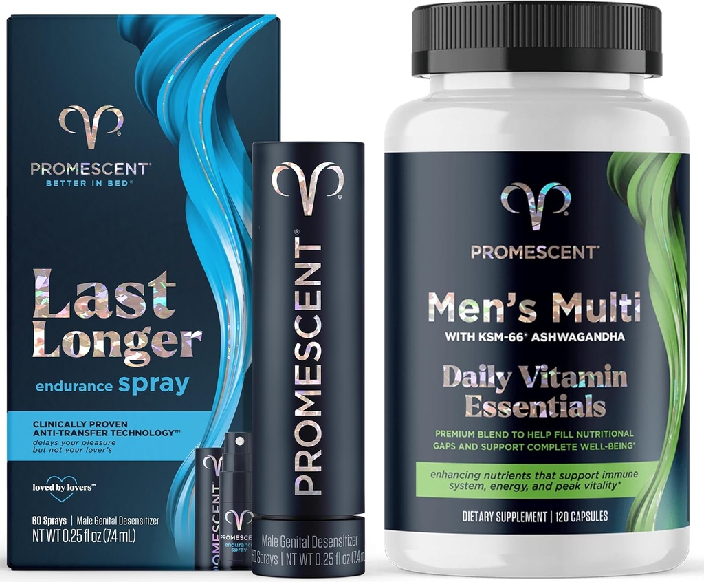 Podpora znecitlivění zpoždění sprej pro muže klinicky osvědčený, aby vám pomohl poslední delší v posteli + multivitamin pro muže, vitamin B12, vitamin C, vitamin D3, KSM- 66 Ashwagandha, Quality Mens Multivitamins