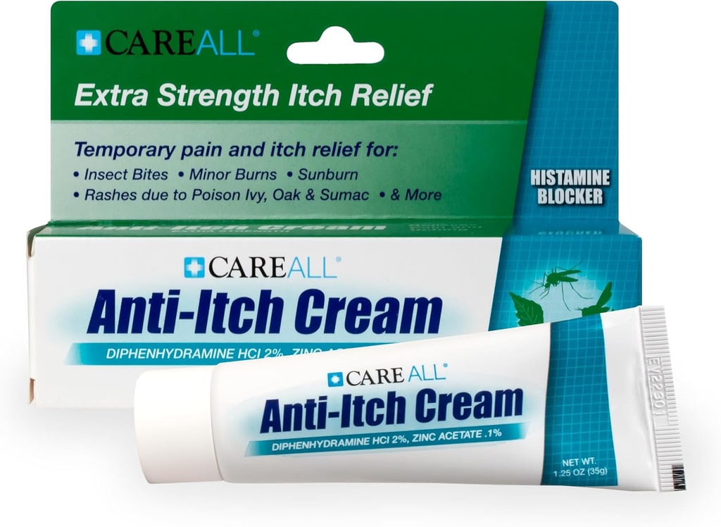 CareAll Anti- Itch Cream 1.25oz Histamine Blocking, Difenhydramine HCI 2% a Topical Analogic & Zinc Acetate 0,1% a kůže protectant poskytnout dočasnou bolest a Itch úlevu od běžných venkovních Itches