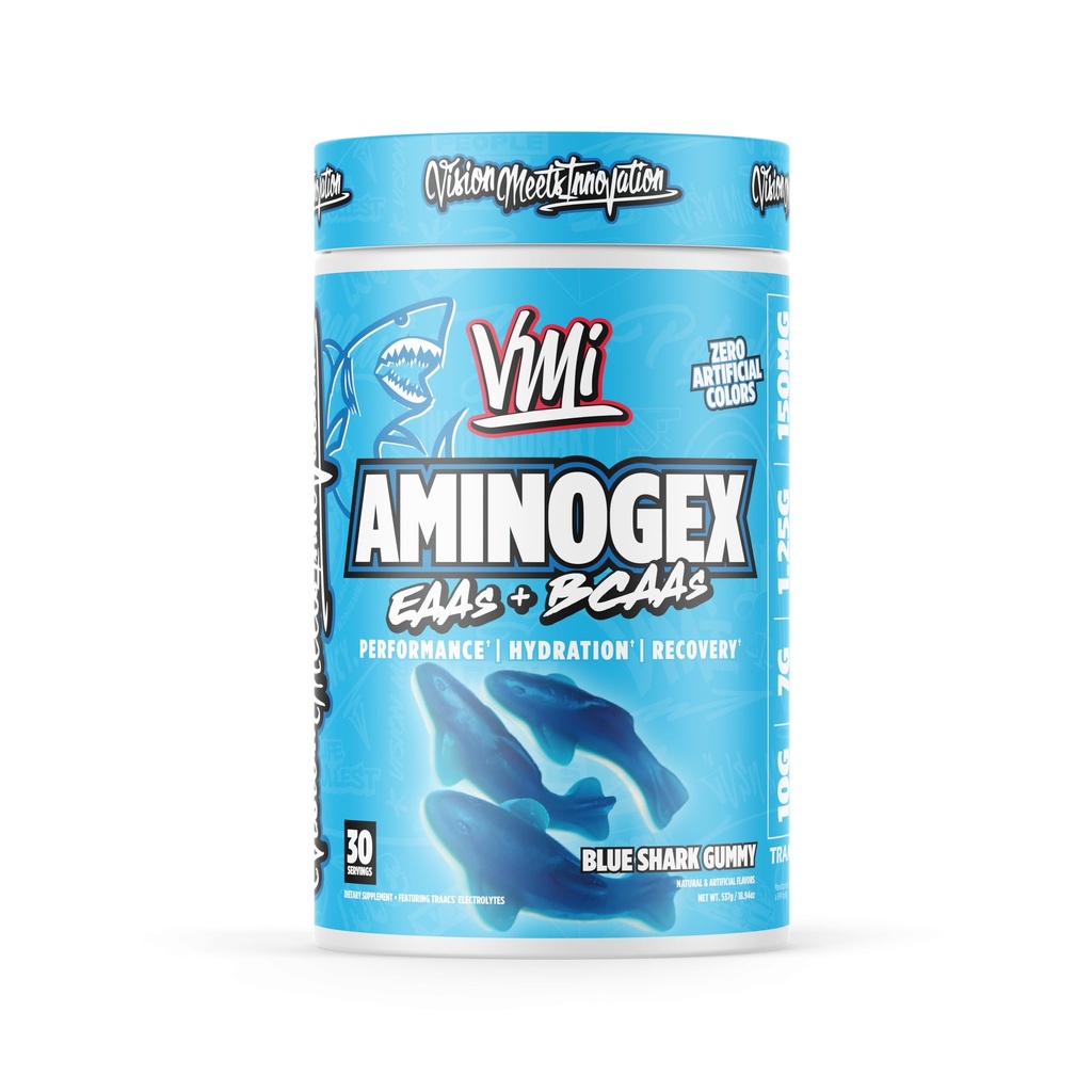 VMI Sports Aminogex Ultra PHARMAN 124; EAA + BCAA Powder PHARMAN 124; Amino Acid + Hydration Recovery Drink with Electrolytes, Betaine and Glutamine PHARMAN 124; (30 Servings) (Blue Shark Gummy)