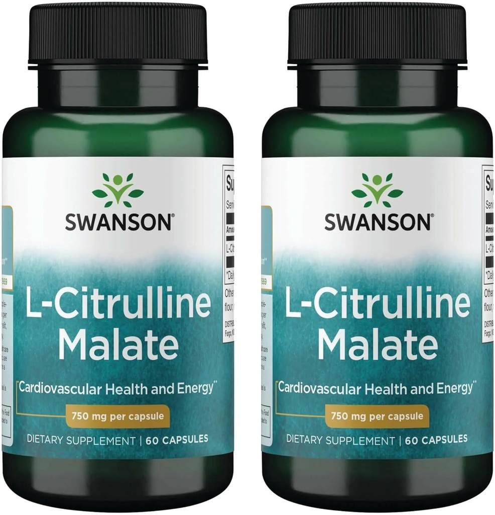 Swanson L- Citrulline Malate - Amino Acid Supplement Promoting Energy Production & Health Blood Circulation - Natural Formule podporující celkové Wellness - (60 kapslí, 750mg každý) (2 balení)