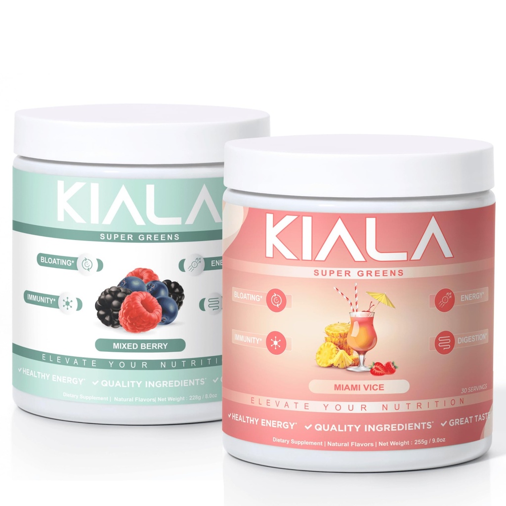 Kiala Nutrition Super Green, Organic Green Powder, Spirulina & Chlorella Superfood Powder, Cukr & gluten Free Vegan, Spectra Blend, Mixed Berry & Miami Vice, 2 Pack