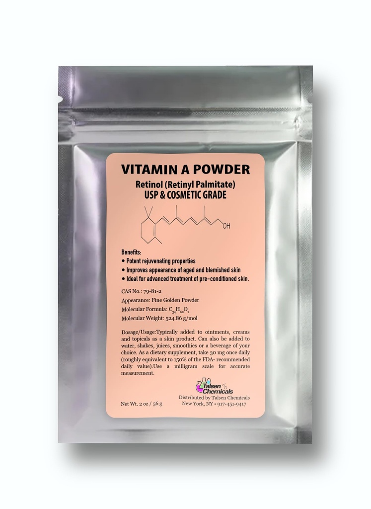 Vitamin A Powder Retinyl Palmitát, čistý retinol Práškový vitamin voda rozpustný vitamin A USP & kosmetické stupeň (2 oz. / 56 Grams)
