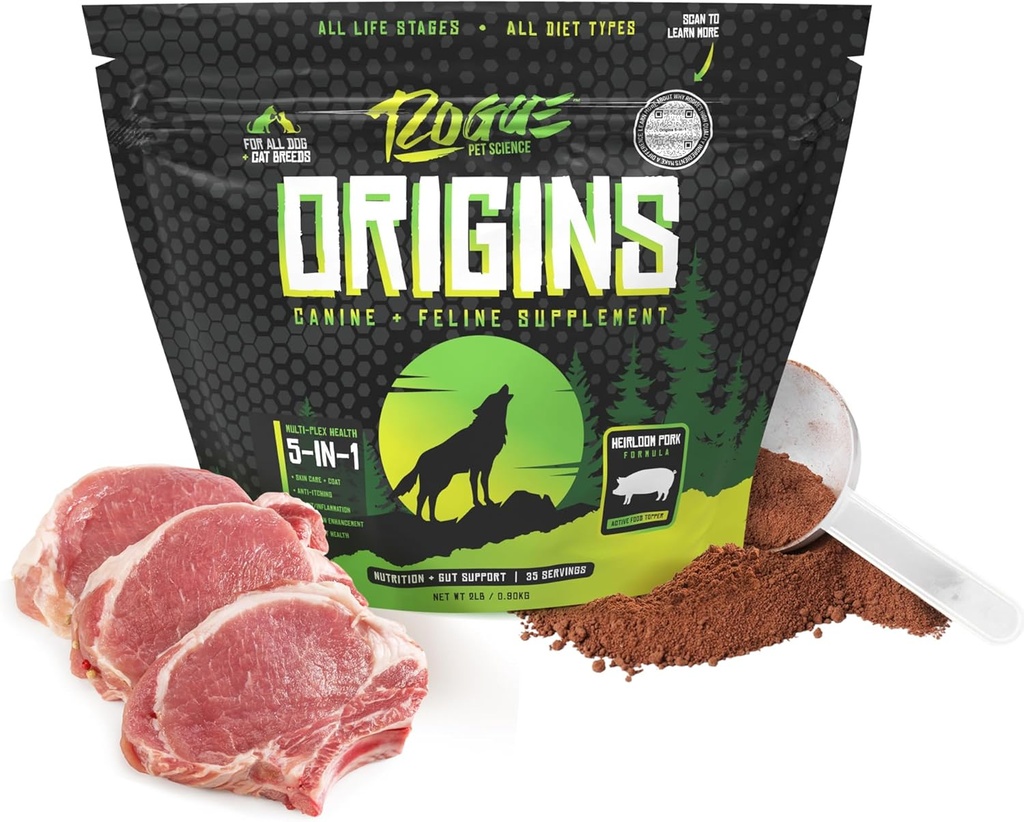 ROGUE PET SCIENCE Origins 5-in-1 Dog Supplement - Powder Food Topper w / Natural Heirloom Pork Protein - Podporuje zdravé trávení, kůže, a coat - Pomáhá snížit svědění a společné záněty (2 libry)