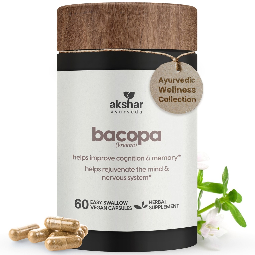 AKSHAR Ayurveda - Bacopa 500mg Brahmi dodatek, Omlazovací systém, Bacopa pilulky na podporu kognitivní funkce pro dospělé, Vegan Cruelty zdarma Bacopa Monnieri (60 Počet)