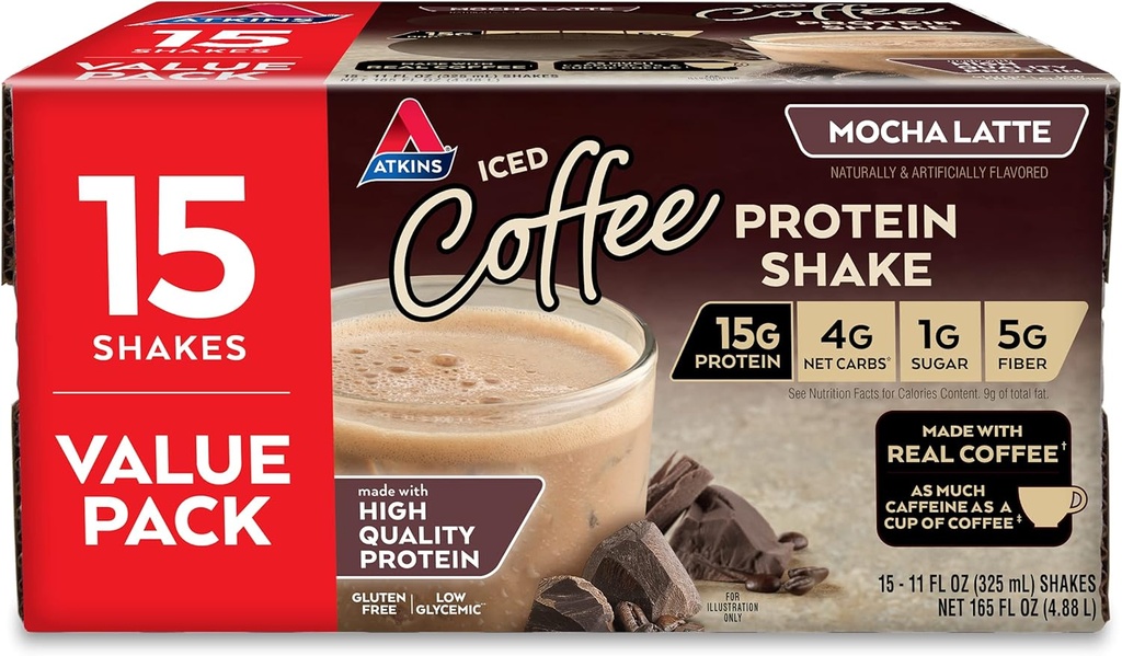 Atkins gluten Volný protein-bohatý Shake, Mocha Latte, Keto Friendly, 15 Počet